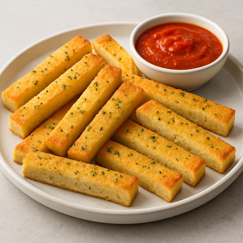 Tasty baked polenta sticks with a dipping sauce billed in a small bowl.